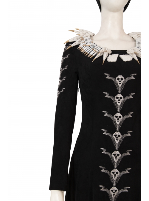 Maleficent Skeleton Embroidered Black Long Dress Halloween Cosplay Costume Black Dress