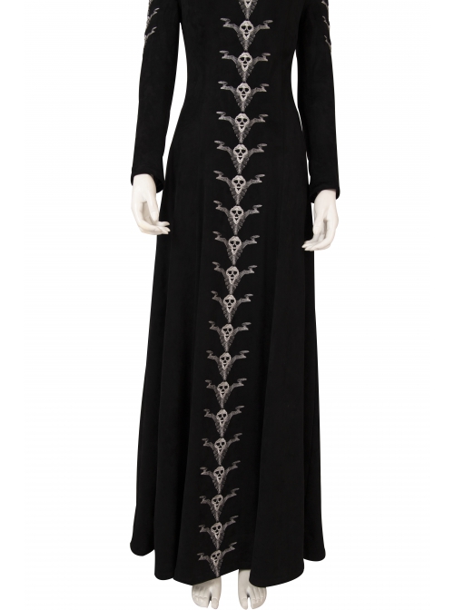 Maleficent Skeleton Embroidered Black Long Dress Halloween Cosplay Costume Black Dress