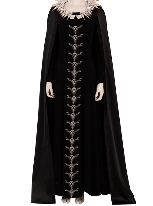 Maleficent Skeleton Embroidered Black Long Dress Halloween Cosplay Costume Black Cloak