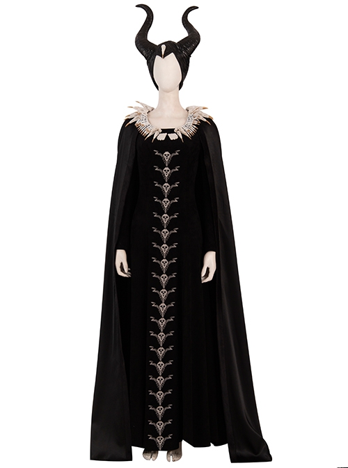 Maleficent Skeleton Embroidered Black Long Dress Halloween Cosplay Costume Black Cloak