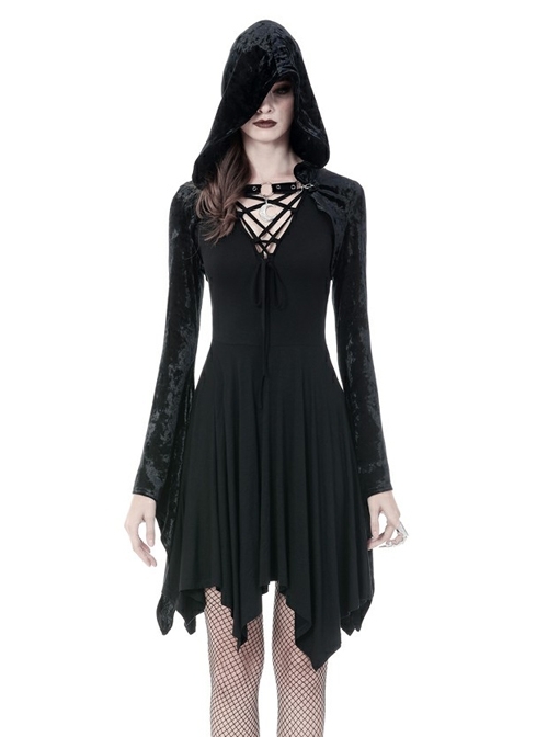 Gothic Black Shining Velvet Long Sleeve Hooded Witch Shoulder Cape