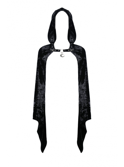 Gothic Black Shining Velvet Long Sleeve Hooded Witch Shoulder Cape