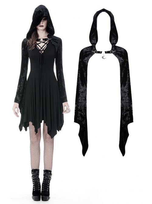 Gothic Black Shining Velvet Long Sleeve Hooded Witch Shoulder Cape