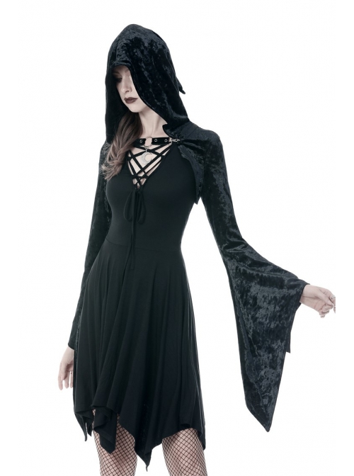 Gothic Black Shining Velvet Long Sleeve Hooded Witch Shoulder Cape