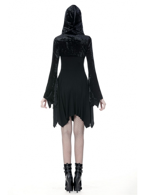 Gothic Black Shining Velvet Long Sleeve Hooded Witch Shoulder Cape