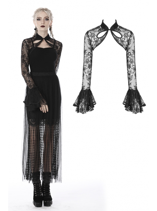 Gothic Cheongsam Collar Black Embroidered Lace Long Sleeve Sexy Shoulder Cape