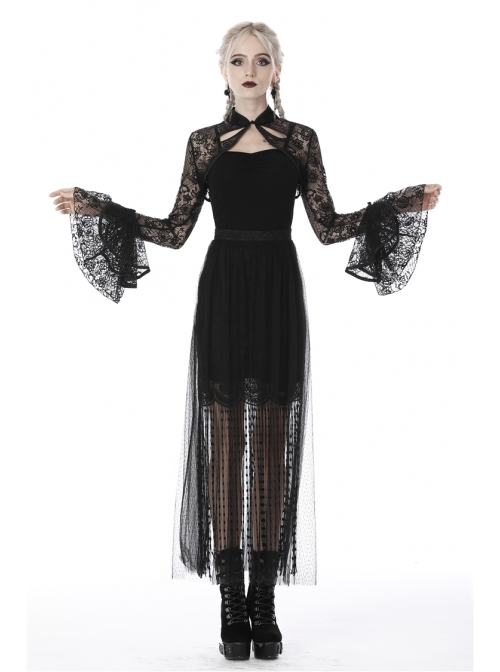 Gothic Cheongsam Collar Black Embroidered Lace Long Sleeve Sexy Shoulder Cape