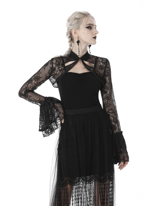 Gothic Cheongsam Collar Black Embroidered Lace Long Sleeve Sexy Shoulder Cape