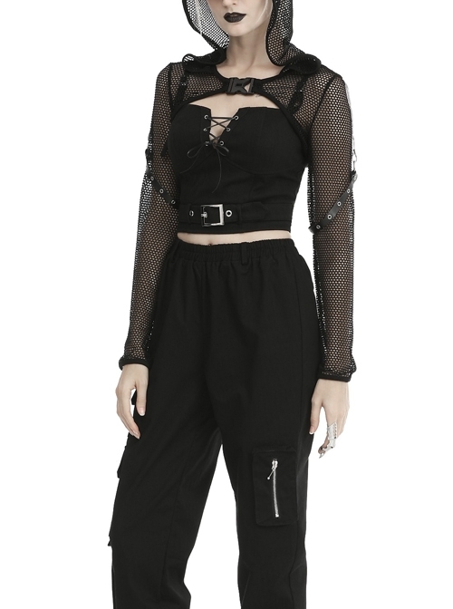 Black Fishnet Hooded Punk Long Sleeve Shoulder Cape