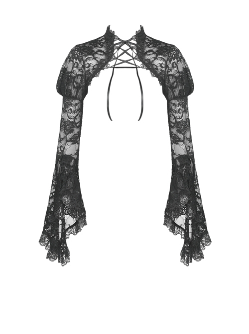 Gothic Black Lace Big Long Sleeves Sexy Slim Tie-up Shoulder Cape