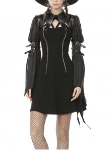 Women's Gothic Devil PU Point Collar Black Long Sleeves Shoulder Cape