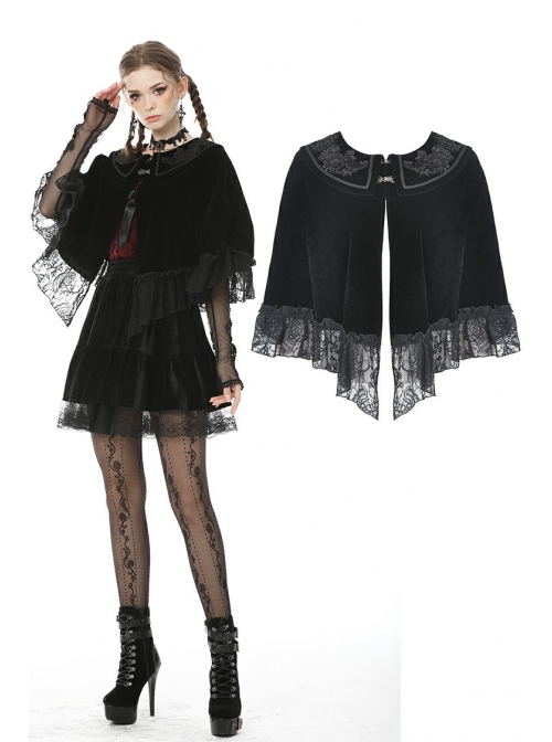 Velvet Splicing Lace Gothic Court Embroidered Lapel Black Cape