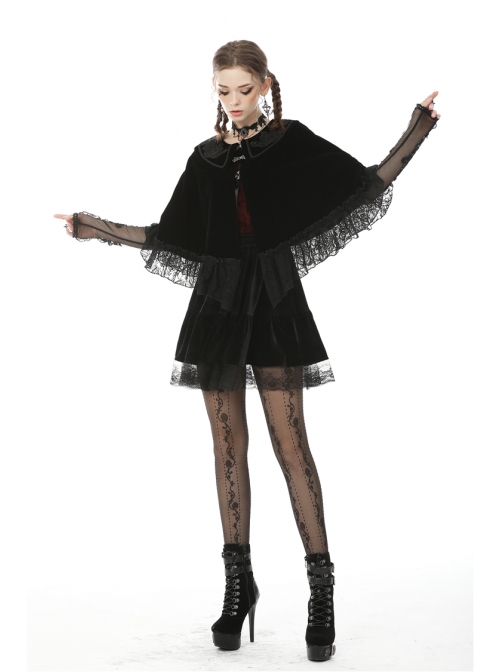 Velvet Splicing Lace Gothic Court Embroidered Lapel Black Cape