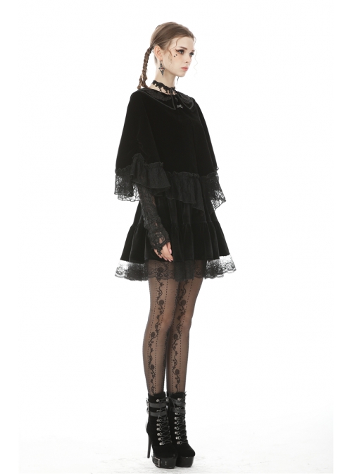 Velvet Splicing Lace Gothic Court Embroidered Lapel Black Cape