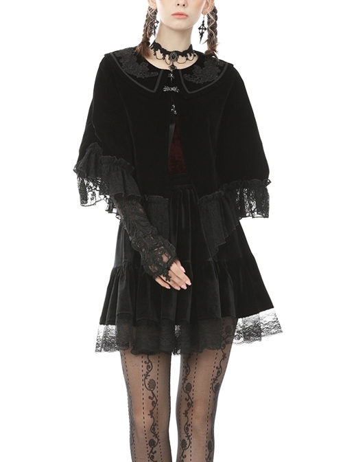 Velvet Splicing Lace Gothic Court Embroidered Lapel Black Cape