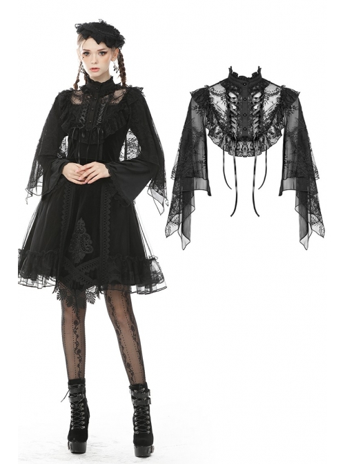 Gothic Black Embroidery Lace Stand Collar Buttons Sexy Short Cape