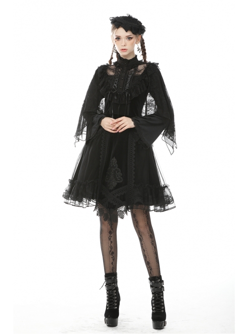 Gothic Black Embroidery Lace Stand Collar Buttons Sexy Short Cape