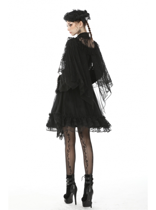 Gothic Black Embroidery Lace Stand Collar Buttons Sexy Short Cape
