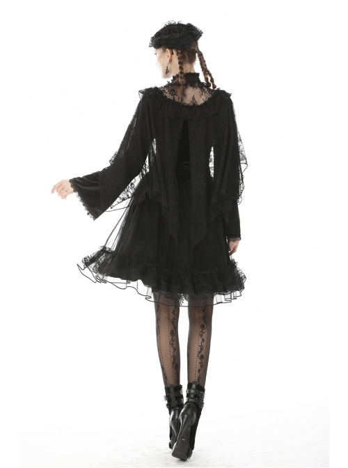 Gothic Black Embroidery Lace Stand Collar Buttons Sexy Short Cape