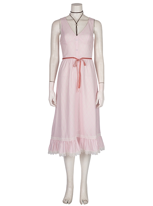 Final Fantasy VII Remake Aerith Gainsborough Halloween Cosplay Costume Dress And Necklace And Bowknot Hair Clip