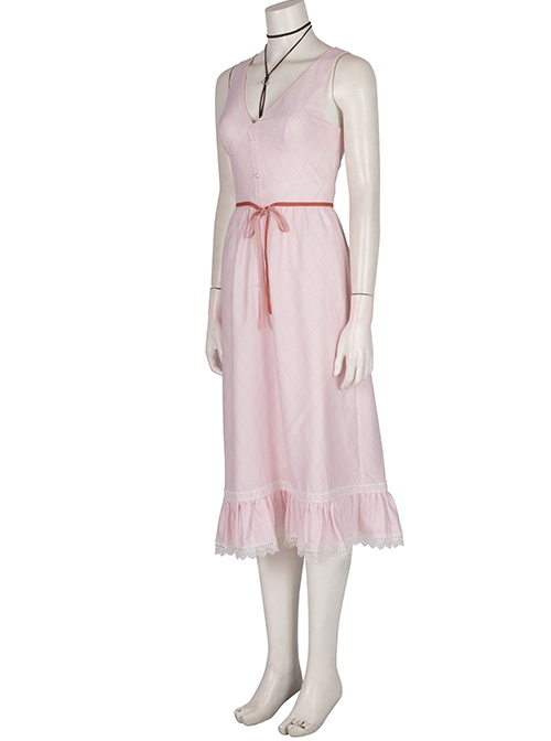 Final Fantasy VII Remake Aerith Gainsborough Halloween Cosplay Costume Dress And Necklace And Bowknot Hair Clip