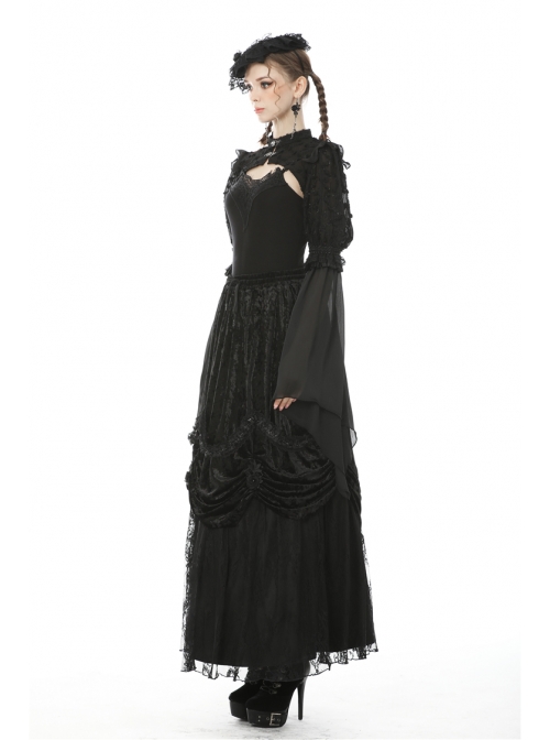 Black Shiny Fabric Puff Long Sleeve Gothic Shoulder Cape