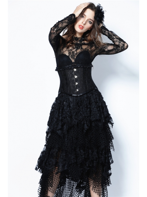 Black Frill Gothic Four Buttons Tying Rope Corset