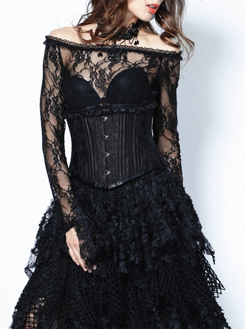 Black Frill Gothic Four Buttons Tying Rope Corset