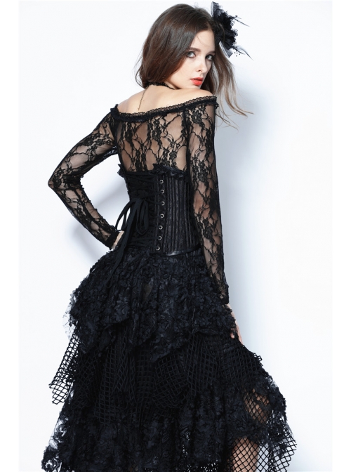 Black Frill Gothic Four Buttons Tying Rope Corset