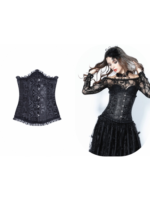 Gothic Lolita Black Lace Frill Victorian Five Buttons Corset