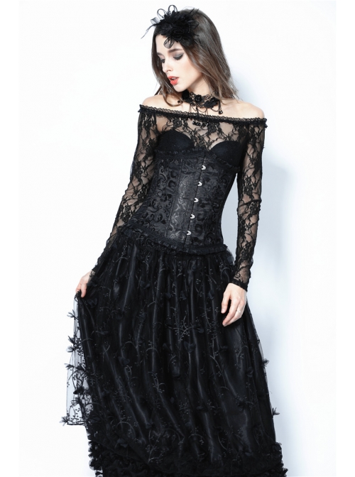 Gothic Lolita Black Lace Frill Victorian Five Buttons Corset