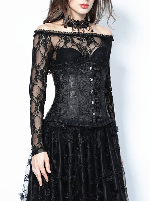 Gothic Lolita Black Lace Frill Victorian Five Buttons Corset