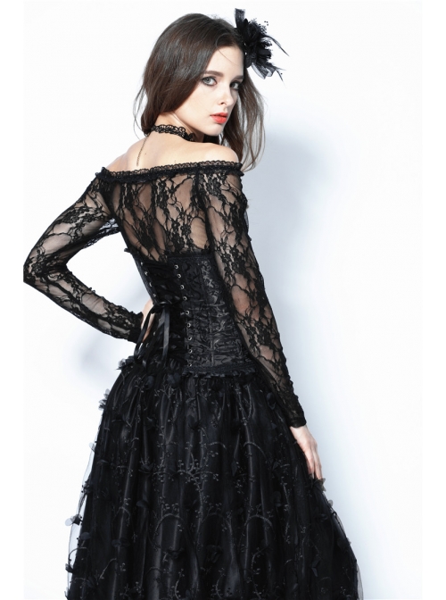 Gothic Lolita Black Lace Frill Victorian Five Buttons Corset