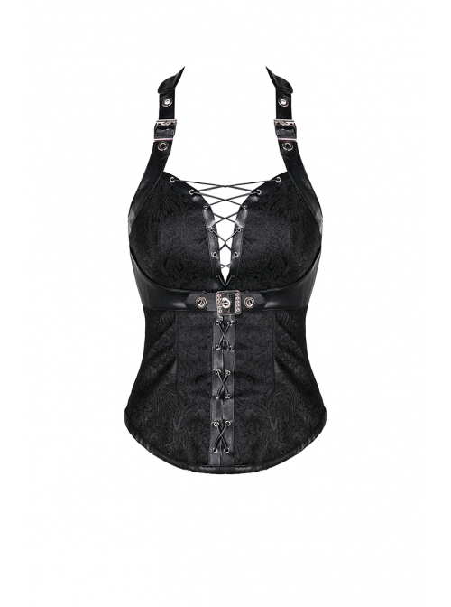Gothic Black Jacquard Pattern Backless Tie-up Corset