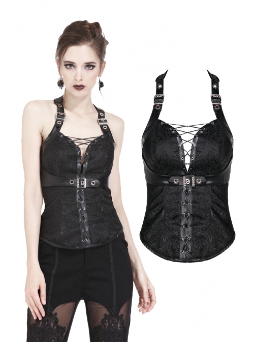 Gothic Black Jacquard Pattern Backless Tie-up Corset
