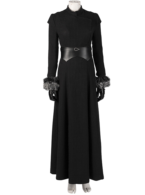 Game Of Thrones Season 8 Sansa Stark Winter Black Fur Collar Cloak Suit Halloween Cosplay Costume Black Long Dress