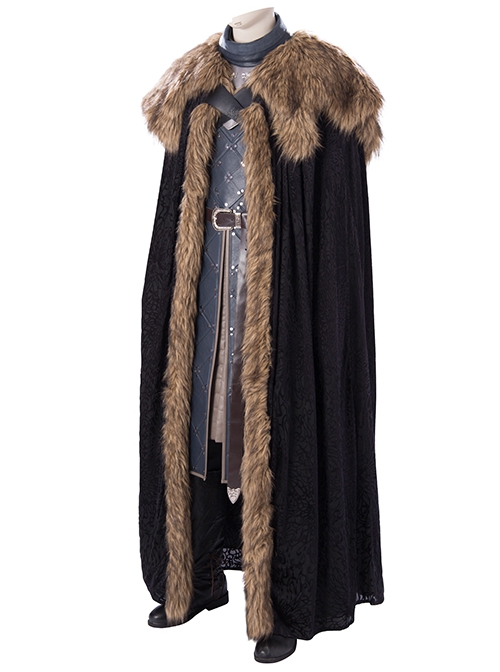 Game Of Thrones Season 8 Jon Snow Brown Fur Collar Black Cloak Suit Halloween Cosplay Costume Black Cloak