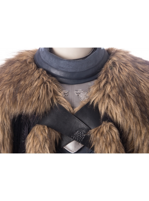 Game Of Thrones Season 8 Jon Snow Brown Fur Collar Black Cloak Suit Halloween Cosplay Costume Black Cloak