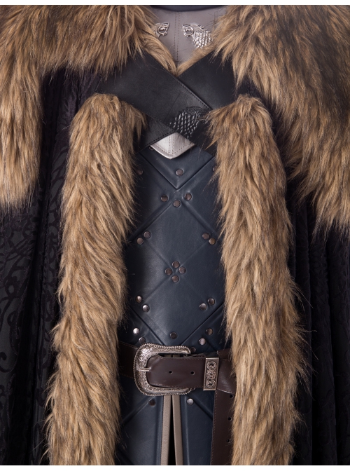 Game Of Thrones Season 8 Jon Snow Brown Fur Collar Black Cloak Suit Halloween Cosplay Costume Black Cloak