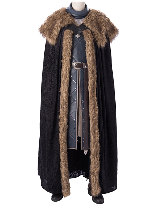 Game Of Thrones Season 8 Jon Snow Brown Fur Collar Black Cloak Suit Halloween Cosplay Costume Brown Long Top
