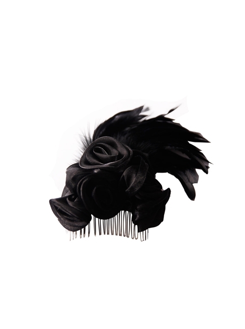 Gothic Gauze Roses Feather Black Hair Plug
