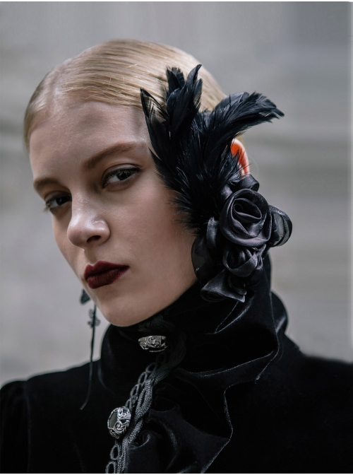 Gothic Gauze Roses Feather Black Hair Plug
