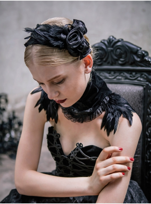 Gothic Gauze Roses Feather Black Hair Plug