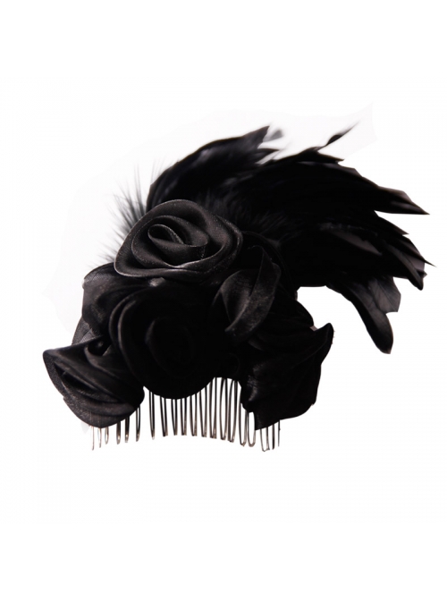 Gothic Gauze Roses Feather Black Hair Plug