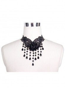 Black Gothic V-shaped Rose Beads Pendant Lace Necklace