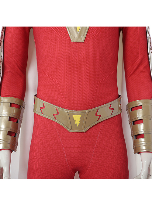 Shazam Billy Batson Red Bodysuit Battle Suit Halloween Cosplay Accessories Golden Waistband And Wrist Guards