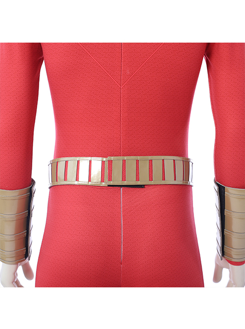 Shazam Billy Batson Red Bodysuit Battle Suit Halloween Cosplay Accessories Golden Waistband And Wrist Guards