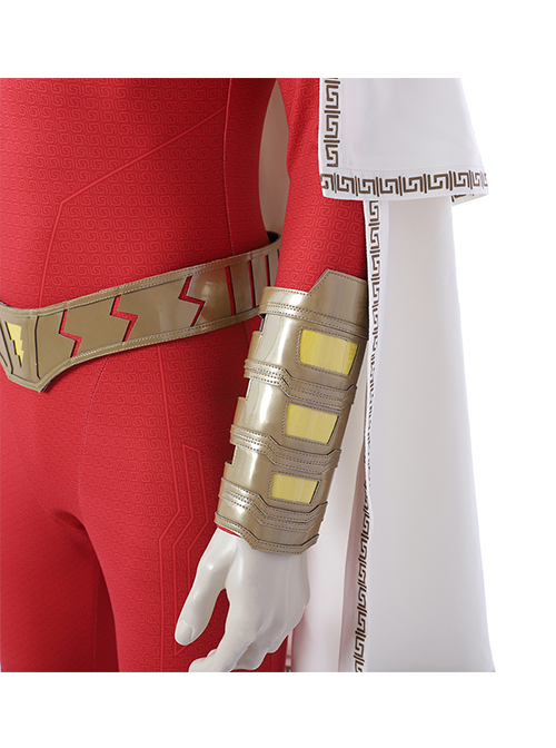 Shazam Billy Batson Red Bodysuit Battle Suit Halloween Cosplay Accessories Golden Waistband And Wrist Guards