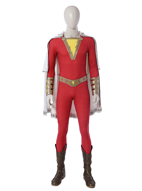 Shazam Billy Batson Red Bodysuit Battle Suit Halloween Cosplay Accessories Golden Waistband And Wrist Guards
