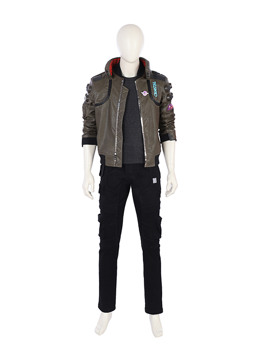 Cyberpunk 2077 Male Role Army Green Jacket Suit Halloween Cosplay Costume Black Trousers